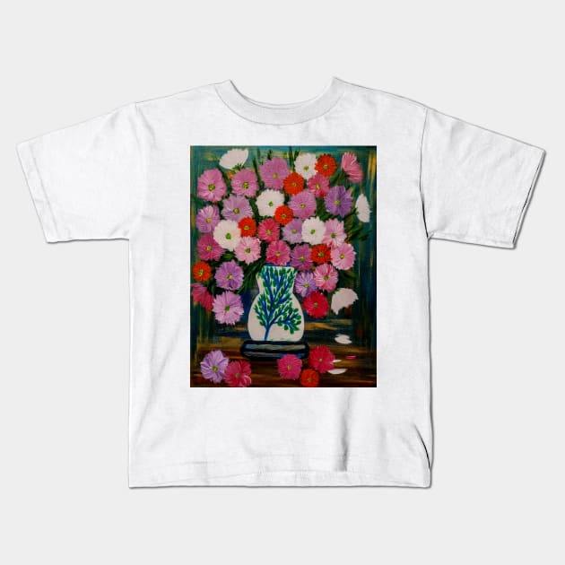 A beautiful bouquet of mixed flowers in a white vase with a tree painted on it Kids T-Shirt by kkartwork